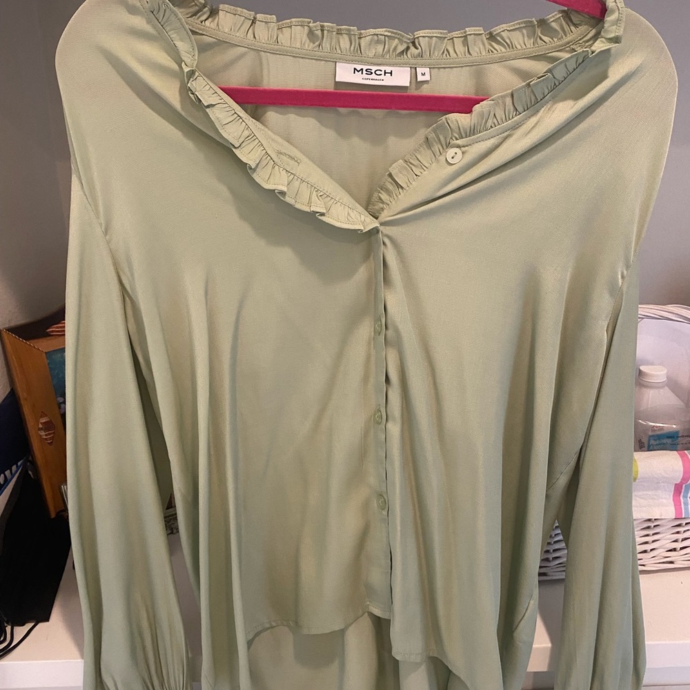 Ganni Soft Green Ruffle Blouse